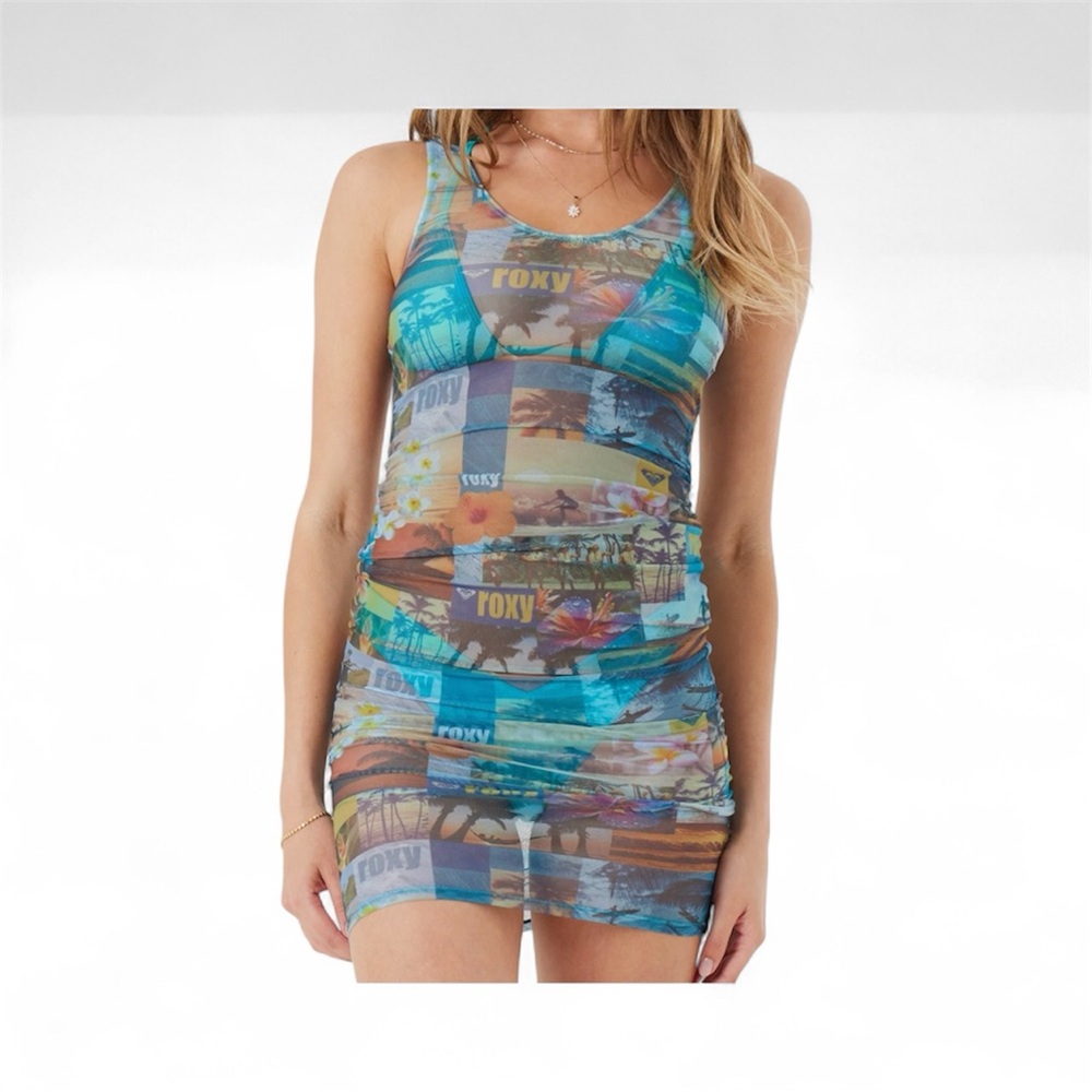 Roxy Cover Up Dress Mesh Crochet Tropical Paradise Print Medium Beach BNWT - Picture 3 of 9